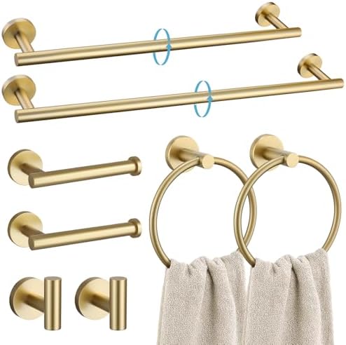 TURS Brushed Gold 8 Piece Bathroom Hardware Set, SUS304 Stainless Steel 24 Inch and 20 Inch Bath Towel Bar Set, Round Bathroom Accessories Kit Wall Mounted