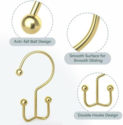 Goowin Shower Curtain Hooks, 12 Pcs Shower Curtain Rings, Durable Gold Shower Curtain Hooks, Double Glide Shower Curtain Rings Rust Proof, Simple Shower Hooks for Shower Curtain & Liner, Gold