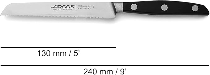 Arcos Forged Tomato Knife Serrated 5 Inch Stainless Steel. Ergonomic Polypropylene POM Handle & Special Silk Blade 130 mm. Series Manhattan. Blue Color. Impress and Amaze with Every Cut