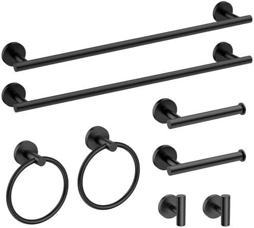 USHOWER 8PCS Matte Black Bathroom Hardware Set, 24-Inch Towel Bar Set