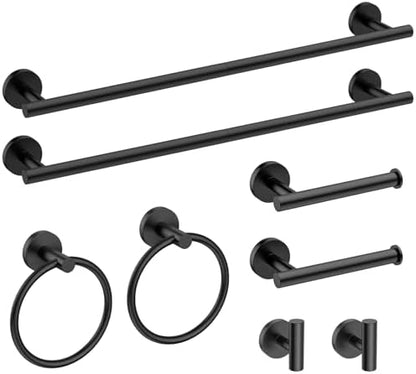 USHOWER 8PCS Matte Black Bathroom Hardware Set, 24-Inch Towel Bar Set