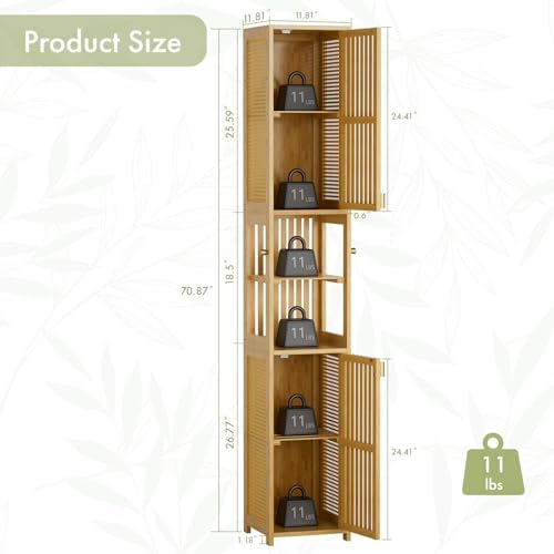 Amazer 70'' Tall Bathroom Storage Cabinet Bamboo, Narrow Storage Cabinet with Rattan Doors and Adjustable Shelves, Slim Freestanding Organizer for Living Room, Kitchen, Natural Color