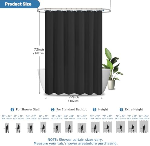 2-in-1 Waterproof Fabric Shower Curtain - No Separate Liner Needed, Hotel-Style Waffle Weave, Effortless Cleaning & Washable Bathroom Shower Curtain Set,72Wx72H,Black