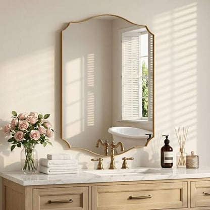 Gold Vanity Wall Mirror 36"x24", Scalloped Edge Bathroom Mirror