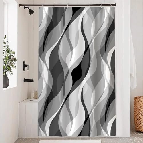 Grey Striped Stall Shower Curtain with Hooks, 48x72 Inch