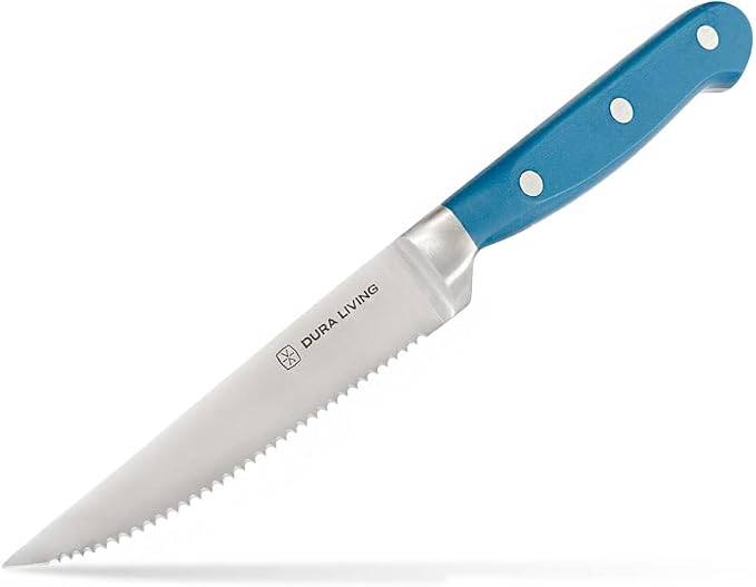 DURA LIVING Premium 4-Piece Steak Knife Set – Sharp Serrated Blades, Forged High Carbon Stainless Steel, Full Tang, Ergonomic Handle, Royal Blue – Ideal for Dining & Entertaining