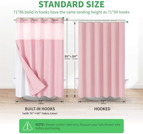 eachope No Hook Linen Texture Shower Curtain with Snap-in Liner,71x86 Pink
