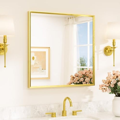 TETOTE Brushed Gold Vanity Mirror for Bathroom 30" x 30" Brushed Brass Rectangle Beveled Framed Bathroom Wall Mirror for Over Sink, Tempered Glass, Modern Farmhouse Bedroom, Entryway, Living Room
