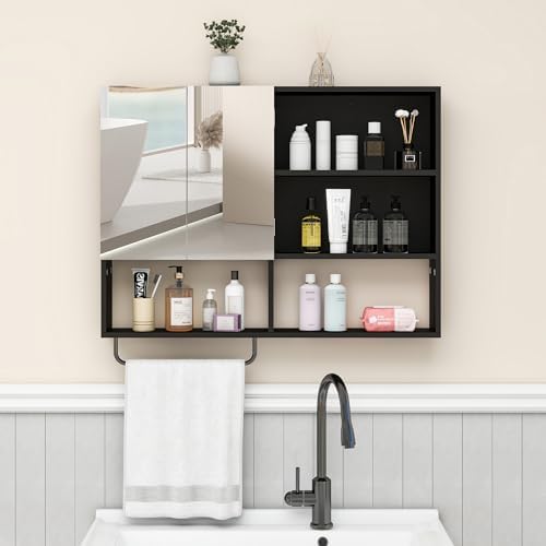 Bathroom Wall Cabinet, Medicine Cabinet with Mirror, Black