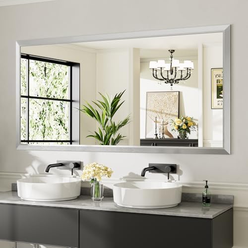 Briivue Bathroom Wall Mirror, Silver Brushed Nickel Metal Frame, 72x36 Inch