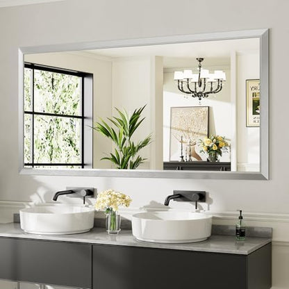 Briivue Bathroom Wall Mirror, Silver Brushed Nickel Metal Frame, 72x36 Inch