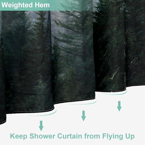 ORTIGIA 60x72 Misty Forest Stall Shower Curtain for Small Bathroom, Dark Green Narrow Nature Woodland Shower Curtain Set with Hooks, Waterproof Fabric Pine Tree Fog Magic Home Bath Curtain
