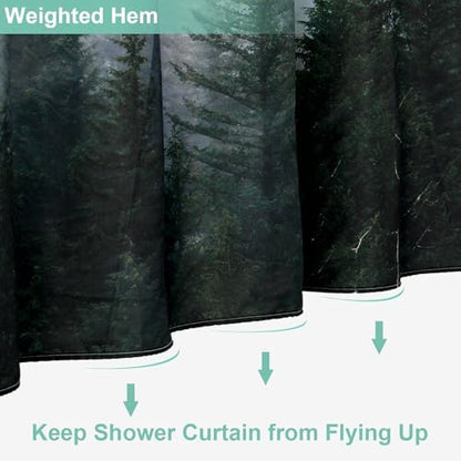 ORTIGIA 60x72 Misty Forest Stall Shower Curtain for Small Bathroom, Dark Green Narrow Nature Woodland Shower Curtain Set with Hooks, Waterproof Fabric Pine Tree Fog Magic Home Bath Curtain