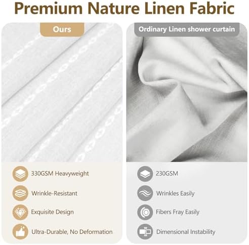 Seenus White Boho Fabric Shower Curtain with Tassels, Linen Textured French Country Shower Curtain Heavy Duty, 72 x 72 Inch Elegant Luxury Water Repellent Shower Curtains for Bathroom