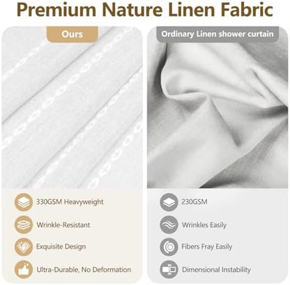 Seenus 72 x 76 inch Extra Long Boho Farmhouse Shower Curtain Heavyweight with Tassels, Soft Linen Textured Fabric Shower Curtain French Country, Elegant White Striped Bathroom Curtain Water Repellent