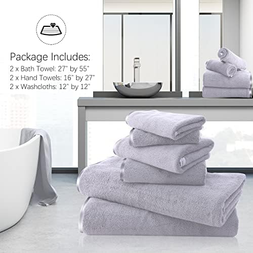 TENSTARS Luxury Silk Hemming Towel Set - Light Thin Quick Drying - 2 Bath Towels 2 Hand Towels 2 Washcloths - Ultra Soft Microfiber Towel for Bath Fitness, Sports, Yoga, Travel (Light Grey 6 Pieces)