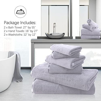 TENSTARS Luxury Silk Hemming Towel Set - Light Thin Quick Drying - 2 Bath Towels 2 Hand Towels 2 Washcloths - Ultra Soft Microfiber Towel for Bath Fitness, Sports, Yoga, Travel (Light Grey 6 Pieces)