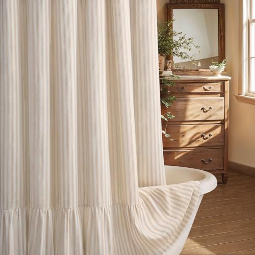 Farmhouse Shower Curtain Ruffle Linen Cream-Beige Stripe 72"W x 72"L