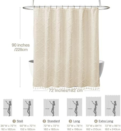 Siiluminisoy Extra Long Boho Farmhouse Shower Curtain Woven Fabric Beige 90 Inch Shower Curtain, 72 x 90 Tufted Chevron Textured Striped Modern Minimalist Cloth Shower Curtain for Bathroom