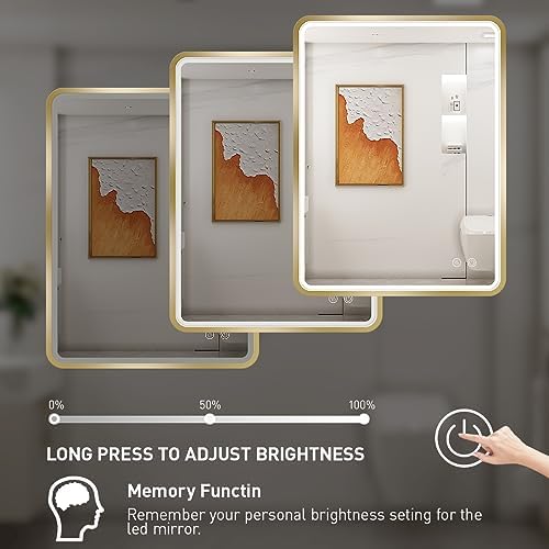 28x36 Inch LED Gold Frame Lighted Bathroom Mirror,3-Color