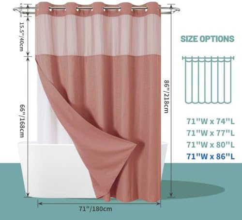eachope No Hook Long Waffle Shower Curtain, Snap-in Liner, 71x86 in, Coral