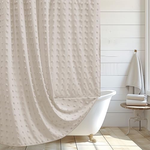 Siiluminisoy Boho Farmhouse Natural Shower Curtain Woven Fabric Shower Curtain, 72 x 72 Tufted Pleat Floral Puffs Textured Modern Farmhouse Minimalist Shower Curtain Set with Hooks for Bathroom