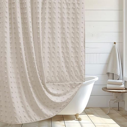 Siiluminisoy Boho Farmhouse Natural Shower Curtain Woven Fabric Shower Curtain, 72 x 72 Tufted Pleat Floral Puffs Textured Modern Farmhouse Minimalist Shower Curtain Set with Hooks for Bathroom