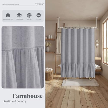 Farmhouse Shower Curtain Ruffle Linen Flax Grey 72" W x 72" L