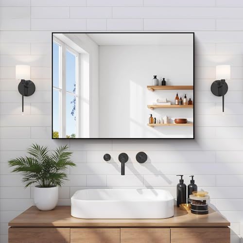 COFENY Black Bathroom Mirror for Wall, 18x24 Inch Rectangle Mirror with Metal Frame, Modern Vanity Mirrors for Bathroom Living Room, Entryway Hangs Horizontal or Vertical