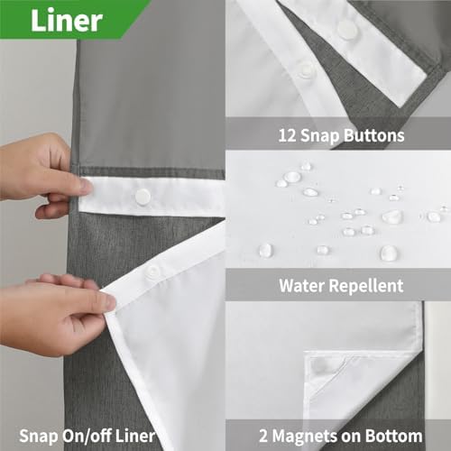 eachope No Hook Fabric Shower Curtain with Snap-in Liner,54x80Charcoal Grey