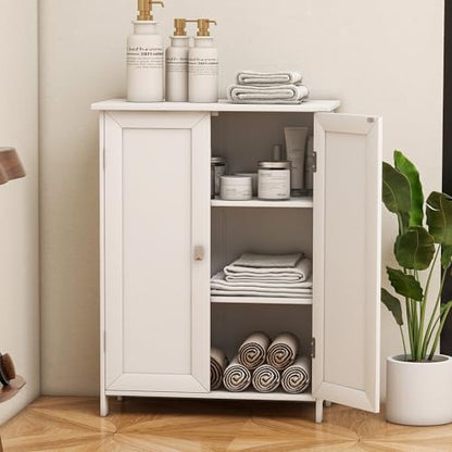 Bathroom Cabinet with Adjustable Shelf Freestanding Storage Cabinet with 2 Doors Wooden Organizer Floor for Bathroom Kitchen and Living Room (White, 2 Doors)