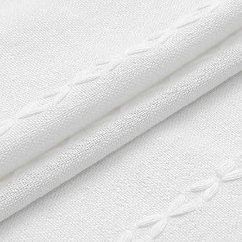 Boho Farmhouse Tassel Linen Shower Curtain,3D Embroidery Stripe White,72x84