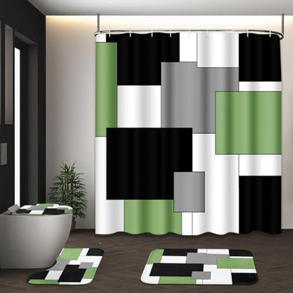 Bathroom Sets with Shower Curtain and Rugs, 4 Pcs, Geometric Sage