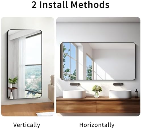 BONEWEI 30x60 inch Bathroom Mirror,Black Rectangle Mirror,Wall Mounted Bathroom Frame Vanity Mirror with Round Corner for Bedroom Living Room, Entryway Hangs Horizontal or Vertical