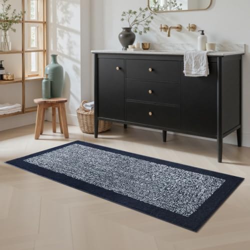 48x17 Bathroom Rugs Non Slip Washable, Soft Absorbent Bath Mat Dark Blue