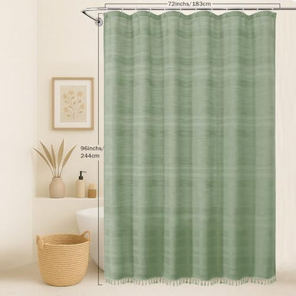 OVZME Extra Long Light Green Shower Curtain 96 Inch Long, Boho Linen Textured Soft Fabric Heavy Duty Cloth Bathroom Shower Curtain with Tassel, Tall Farmhouse Luxury Bath Decor, 72Wx96L Inches