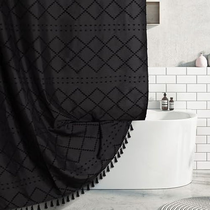 Extra Long Boho Black Shower Curtain with Tassels, 72 x 96, Tufted Chevron Striped Chenille Woven Fabric Cloth Shower Curtain Modern Farmhouse Minimalist, Shabby Chic Textured for Bathroom