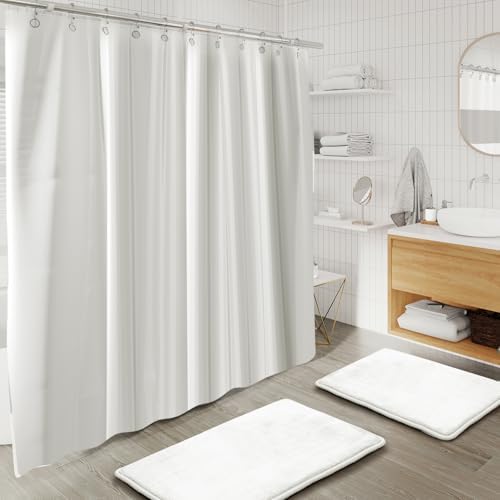 Clara Clark Bathroom Accessories Set - 28PC Bathroom Set with Adhesive Corner Shower Caddy Hanging, Bathroom Sets with Shower Curtain and Rugs, White Shower Curtain Set with Bathroom Trash Can