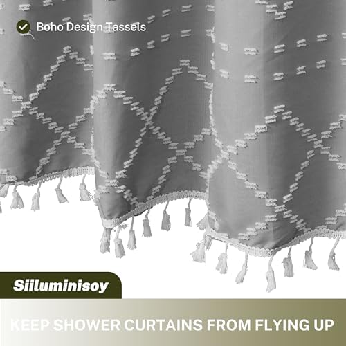 Siiluminisoy Extra Long Boho Grey Shower Curtain with Tassels 72 x 84, Tufted Chevron Striped Chenille Woven Fabric Cloth Shower Curtain Modern Farmhouse Minimalist, Shabby Chic Textured for Bathroom