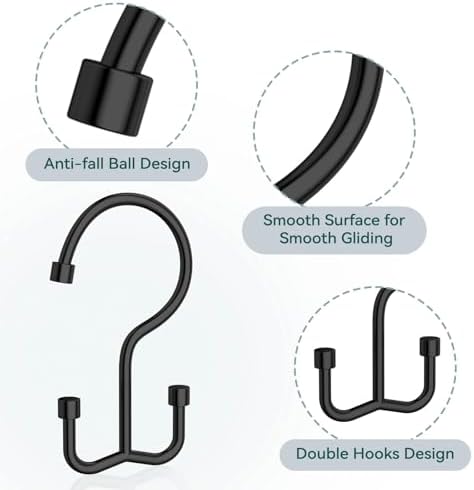 Goowin Shower Curtain Hooks, Shower Curtain Rings, Durable Black Shower Curtain Hooks Rust Proof, Shower Rings for Curtain, Double Glide Shower Hooks for Shower Curtain, Black, 24 Pack-Cylinders