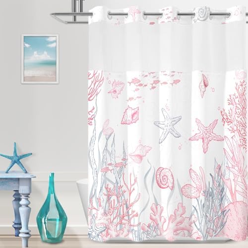 No Hook Shower Curtain and Liner Set, Pink Beach Coastal 71x84