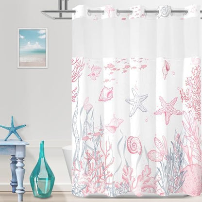 No Hook Shower Curtain and Liner Set, Pink Beach Coastal 71x84