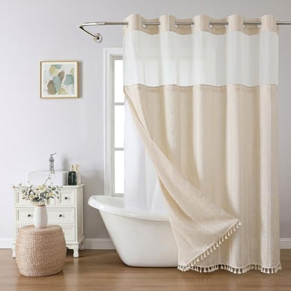 eachope No Hook Long Shower Curtain Set with Snap-in Fabric Liner,Linen Textured Thick Striped Fabric with Tassels,Boho Farmhouse Rustic Luxury Bathroom Curtain,Water-Repellent,Cream/Beige,71x80