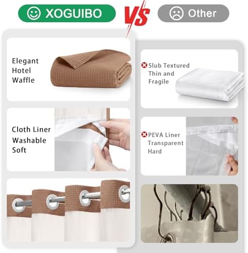 No Hook Shower Curtain with Liner Set Hotel Waffle Mocha Brown 72W X 75L
