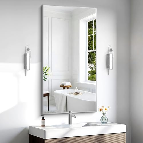 BONEWEI Silver Bathroom Mirror,24x48 inch Wall Mirror for Bathroom Wall Mounted,Large Rectangle Mirror for Bathroom Over Sink,Modern Metal Frame for Living Room,Bedroom Entryway,Horizontal/Vertical