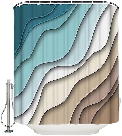 Shower Curtain Bathroom Set Teal Stripes Gradient Water Ripple Waterproof Shower Curtains with Grommets Hooks Brown Abstract Geometric Modern Art Privacy Bath Curtain for Bathtub Decor 72x78in