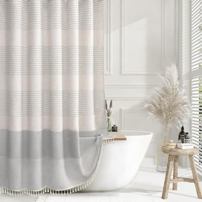 Grey Farmhouse Linen Striped Shower Curtain with Tassel 48"W X 72"L