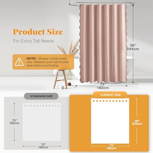 BTTN Extra Long Scalloped Linen Textured Shower Curtain, 72x96, Blush Pink