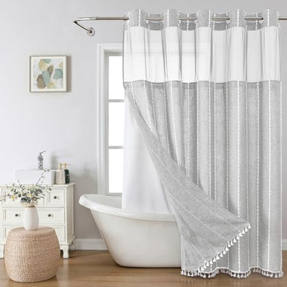 eachope Grey Farmhouse No Hook Shower Curtain Set with Snap-in Fabric Liner,Boho Heavy-Duty Linen Textured Rustic Striped Design,Water-Repellent with Tassels and Sheer Window,Gray,71x74