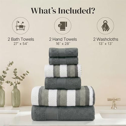 Modern Threads 6 Piece Bath Towel Set – Bathroom Towel Set with 2 Bath Towels, 2 Hand Towels & 2 Washcloths – 100% Cotton, Soft & Absorbent – Wide Stripe (Green)